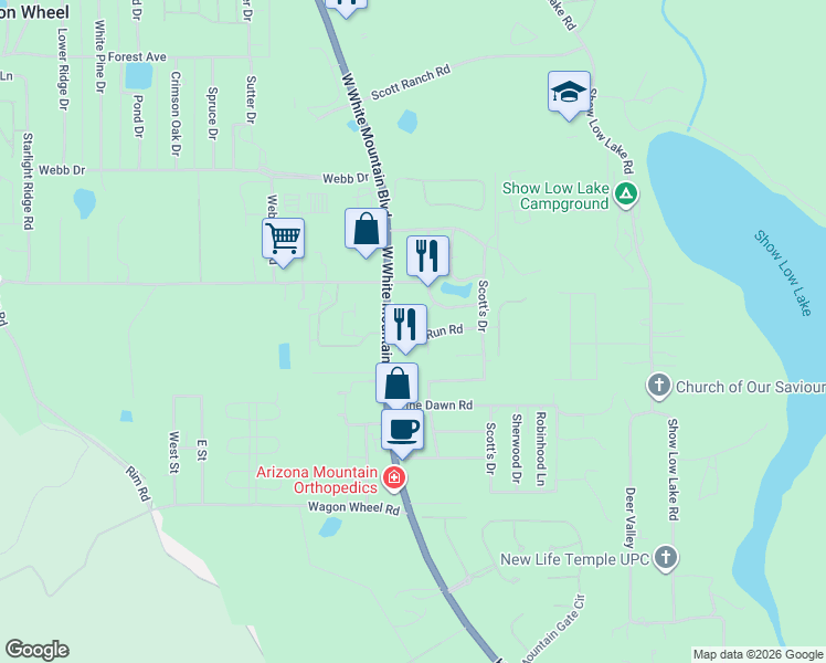 map of restaurants, bars, coffee shops, grocery stores, and more near 5478 Bear Run Road in Navajo County