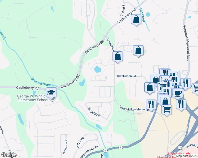map of restaurants, bars, coffee shops, grocery stores, and more near 3640 Cedar Springs Court in Cumming