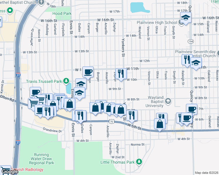 map of restaurants, bars, coffee shops, grocery stores, and more near 900 West 9th Street in Plainview