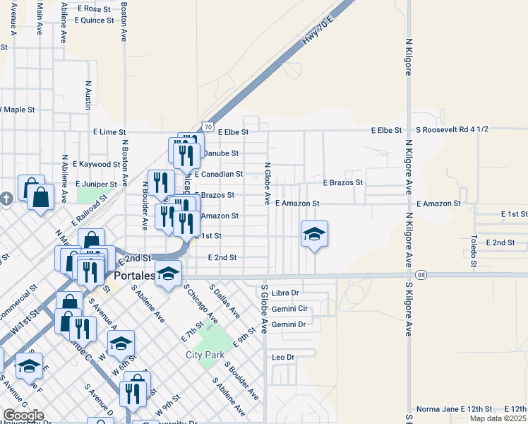 map of restaurants, bars, coffee shops, grocery stores, and more near 1025 East Amazon Street in Portales