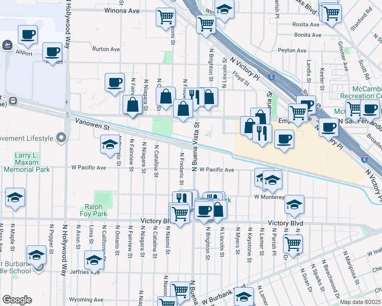 map of restaurants, bars, coffee shops, grocery stores, and more near 1831 North Buena Vista Street in Burbank
