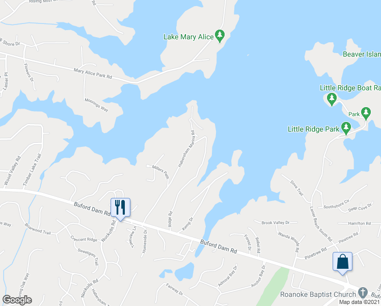 map of restaurants, bars, coffee shops, grocery stores, and more near 2110 Habersham Marina Road in Cumming