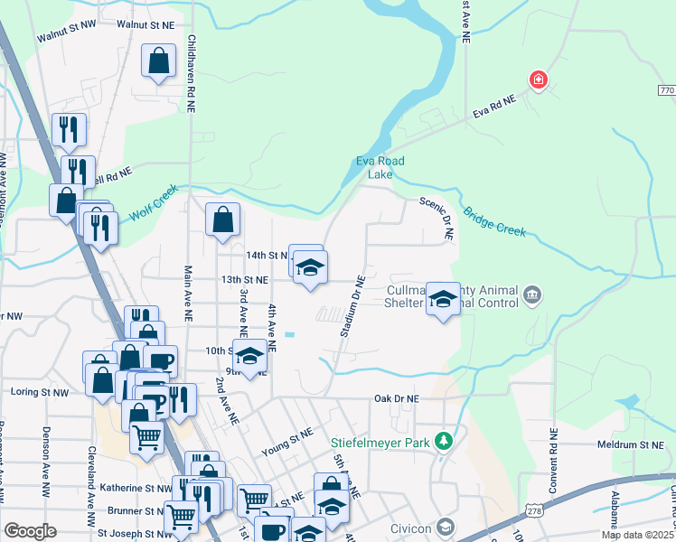 map of restaurants, bars, coffee shops, grocery stores, and more near 1311 Eva Road Northeast in Cullman