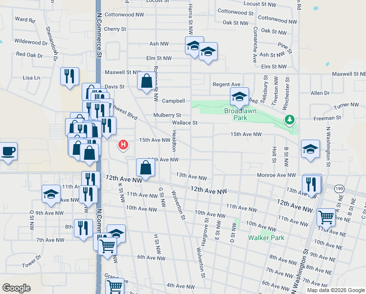 map of restaurants, bars, coffee shops, grocery stores, and more near 808 Northwest Boulevard in Ardmore