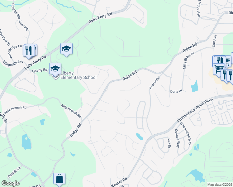 map of restaurants, bars, coffee shops, grocery stores, and more near 125 Oak Ridge Dr in Canton