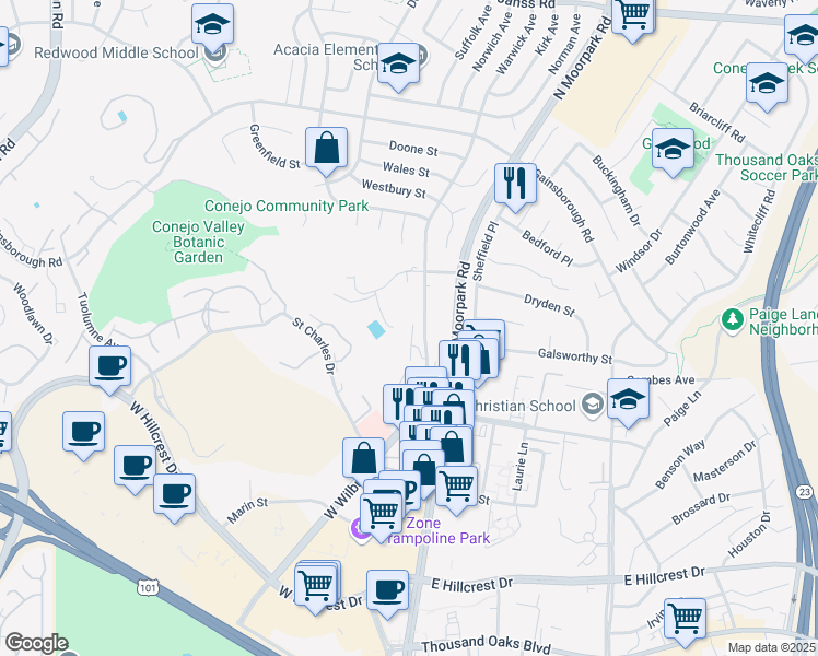 map of restaurants, bars, coffee shops, grocery stores, and more near 865 Warwick Avenue in Thousand Oaks