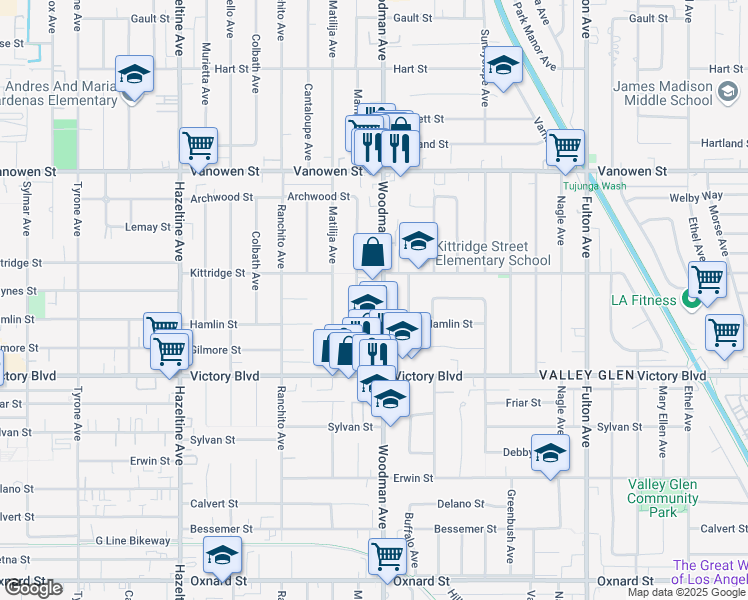map of restaurants, bars, coffee shops, grocery stores, and more near 6525 Woodman Avenue in Los Angeles