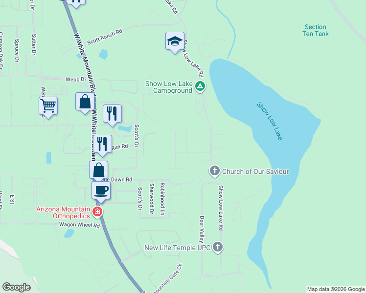 map of restaurants, bars, coffee shops, grocery stores, and more near 5455 Red Squirrel Lane in Navajo County
