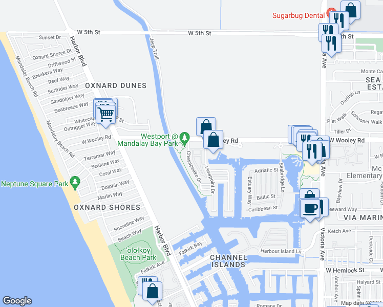 map of restaurants, bars, coffee shops, grocery stores, and more near 1257 Bayside Circle in Oxnard