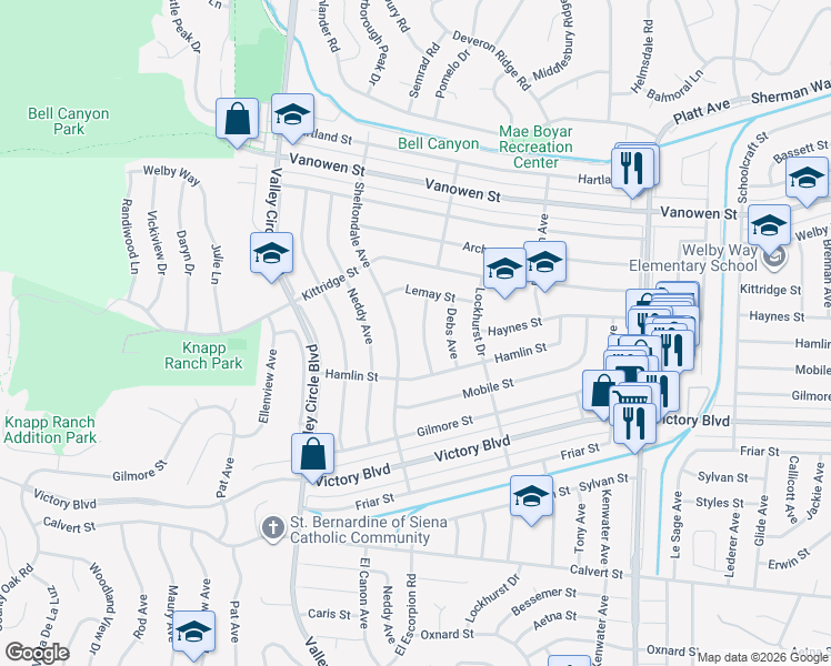 map of restaurants, bars, coffee shops, grocery stores, and more near 6551 Cleomoore Avenue in Los Angeles