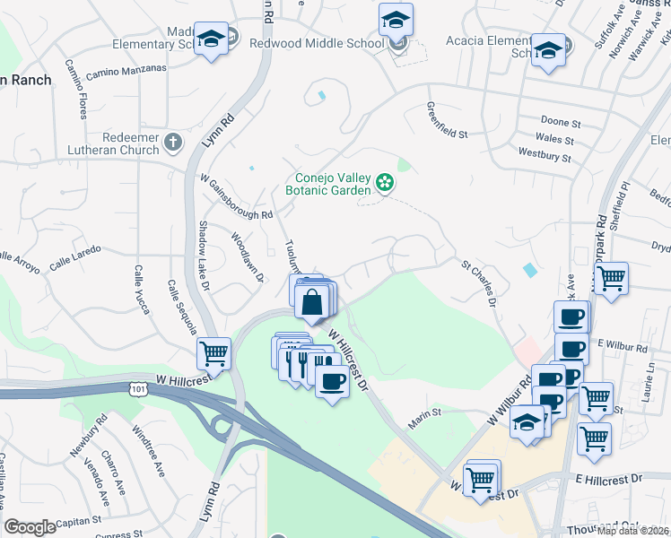 map of restaurants, bars, coffee shops, grocery stores, and more near 427 Arbor Lane Court in Thousand Oaks