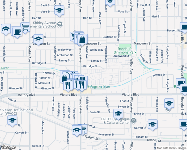 map of restaurants, bars, coffee shops, grocery stores, and more near 19200 Haynes Street in Los Angeles