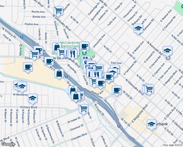 map of restaurants, bars, coffee shops, grocery stores, and more near 1212 North San Fernando Boulevard in Burbank
