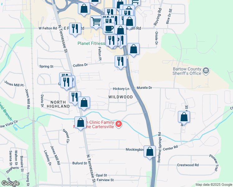 map of restaurants, bars, coffee shops, grocery stores, and more near 8 Birch Way in Cartersville