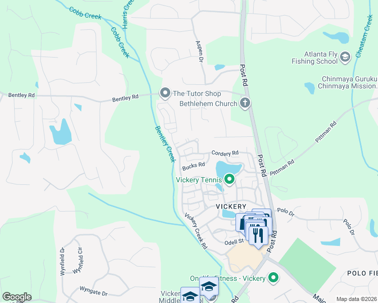 map of restaurants, bars, coffee shops, grocery stores, and more near 6945 Cordery Road in Cumming