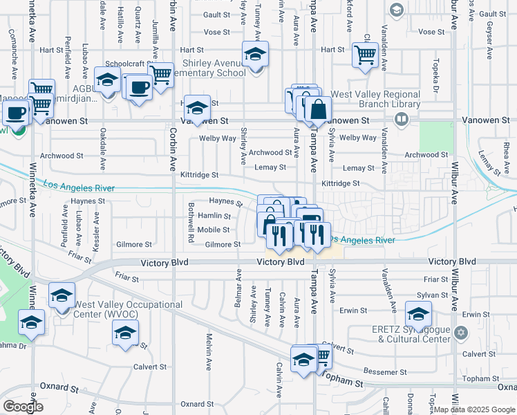 map of restaurants, bars, coffee shops, grocery stores, and more near 19419 Haynes Street in Los Angeles