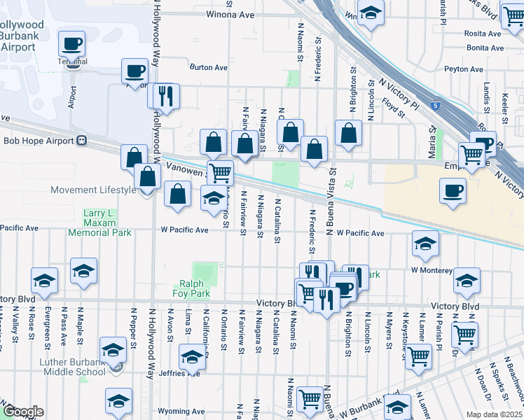 map of restaurants, bars, coffee shops, grocery stores, and more near 1926 North Niagara Street in Burbank