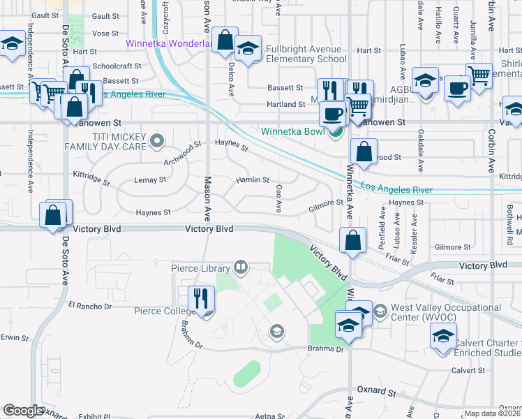 map of restaurants, bars, coffee shops, grocery stores, and more near 20333 Gilmore St in Los Angeles