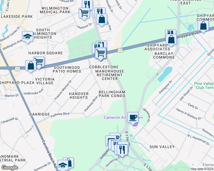 map of restaurants, bars, coffee shops, grocery stores, and more near 1505 Cadfel Court in Wilmington