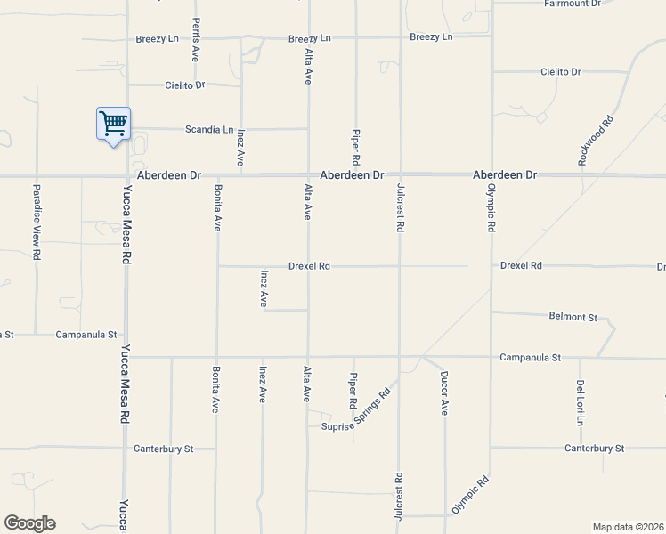 map of restaurants, bars, coffee shops, grocery stores, and more near 59749 Drexel Road in Yucca Valley