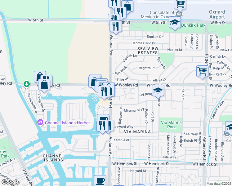 map of restaurants, bars, coffee shops, grocery stores, and more near 3762 Via Pacifica Walk in Oxnard