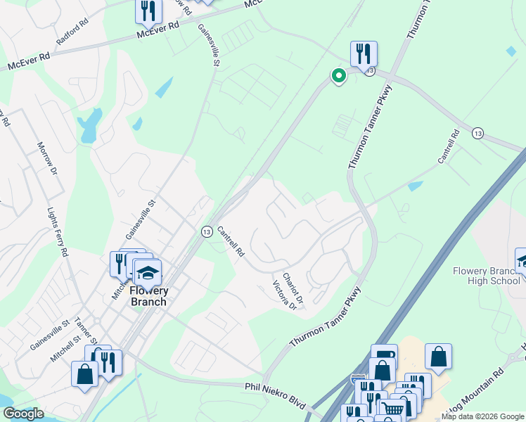 map of restaurants, bars, coffee shops, grocery stores, and more near 4810 Zephyr Cove Place in Flowery Branch