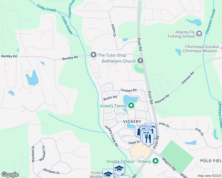 map of restaurants, bars, coffee shops, grocery stores, and more near 7160 Round Road in Cumming