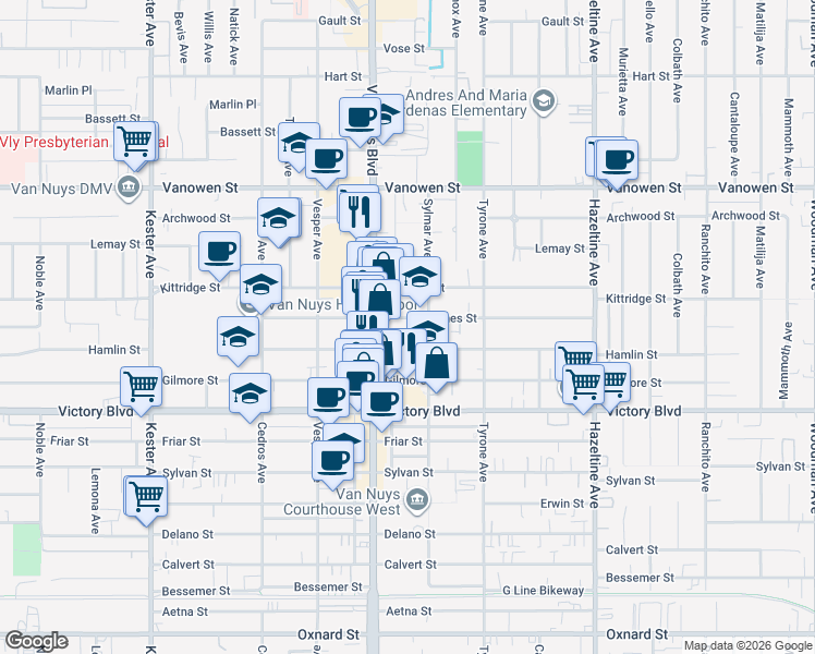 map of restaurants, bars, coffee shops, grocery stores, and more near 14422 Haynes Street in Los Angeles