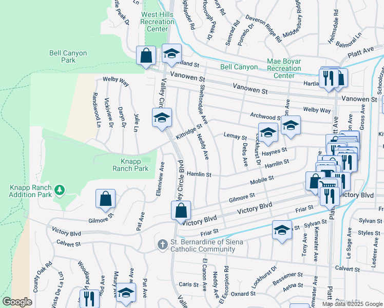 map of restaurants, bars, coffee shops, grocery stores, and more near 6543 Franrivers Avenue in Los Angeles