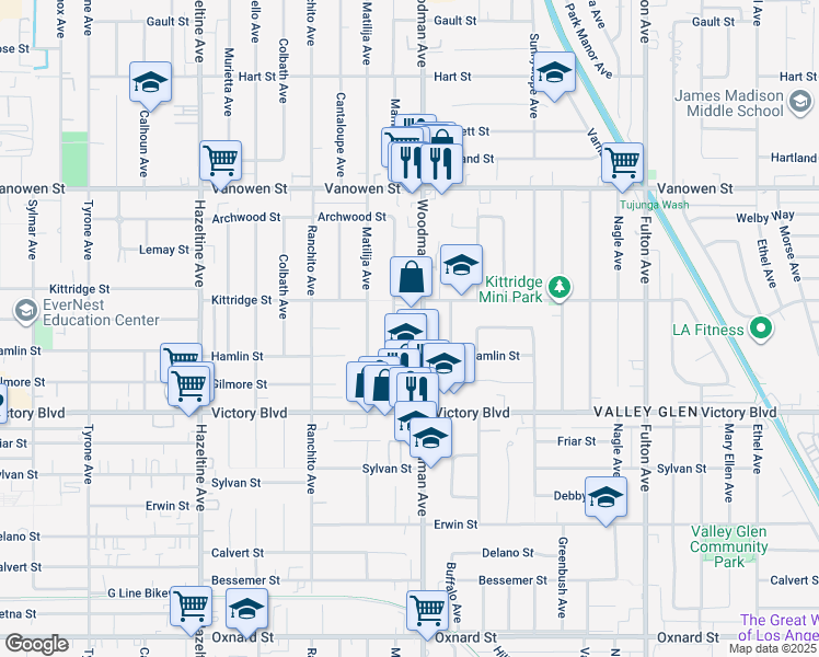 map of restaurants, bars, coffee shops, grocery stores, and more near 6525 Woodman Avenue in Los Angeles
