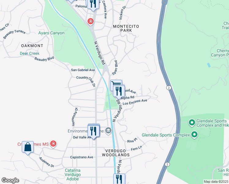 map of restaurants, bars, coffee shops, grocery stores, and more near 2908 North Verdugo Road in Glendale