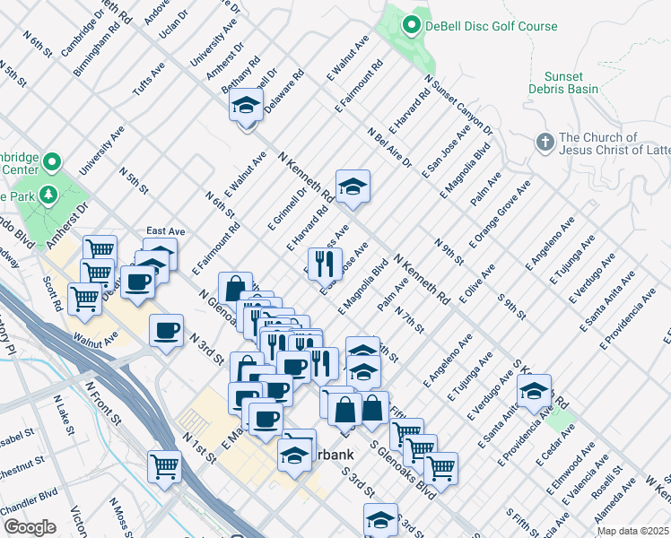 map of restaurants, bars, coffee shops, grocery stores, and more near 644 East San Jose Avenue in Burbank