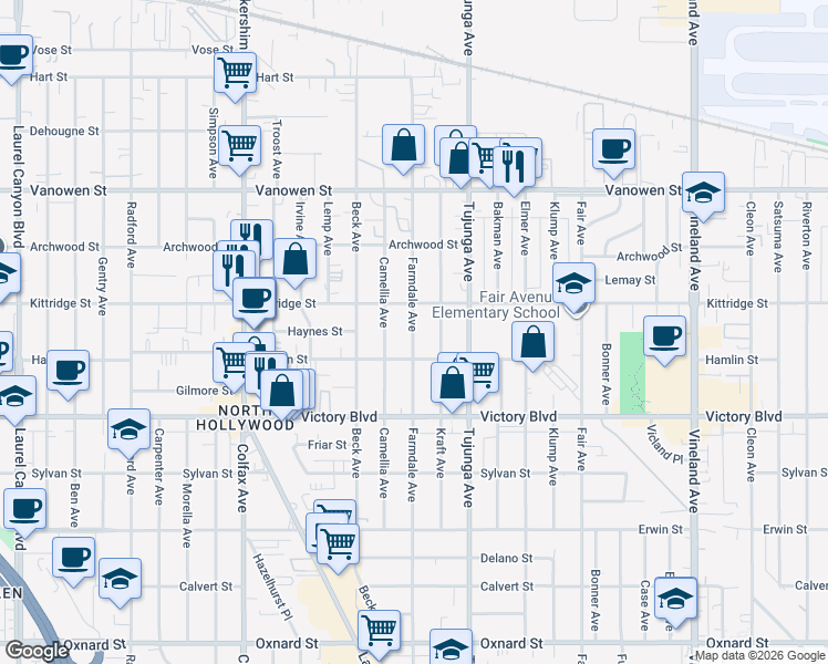 map of restaurants, bars, coffee shops, grocery stores, and more near 6535 Farmdale Avenue in Los Angeles