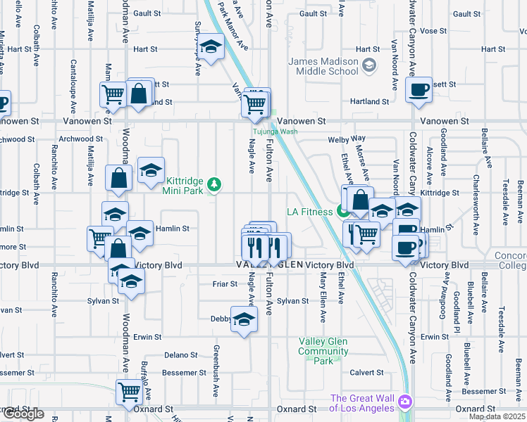 map of restaurants, bars, coffee shops, grocery stores, and more near 6536 Nagle Avenue in Los Angeles