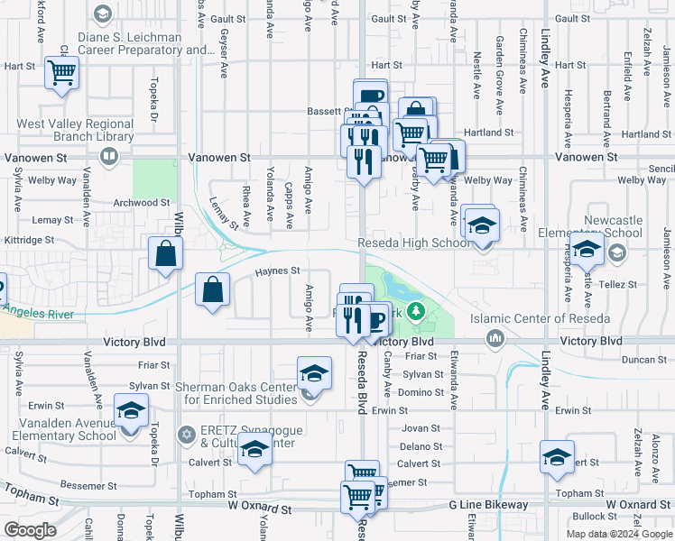 map of restaurants, bars, coffee shops, grocery stores, and more near 6538 Baird Avenue in Los Angeles