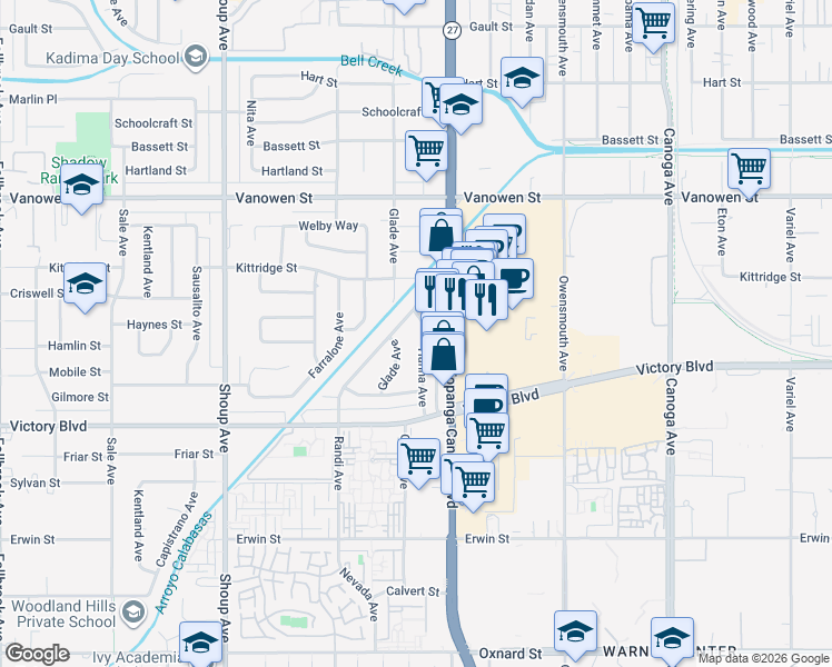 map of restaurants, bars, coffee shops, grocery stores, and more near 6550 Randi Avenue in Los Angeles