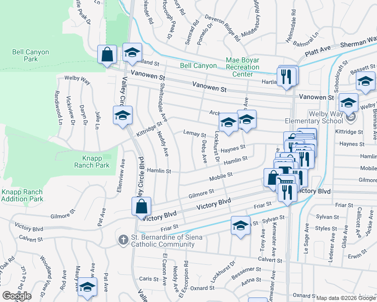 map of restaurants, bars, coffee shops, grocery stores, and more near 6551 Cleomoore Avenue in Los Angeles