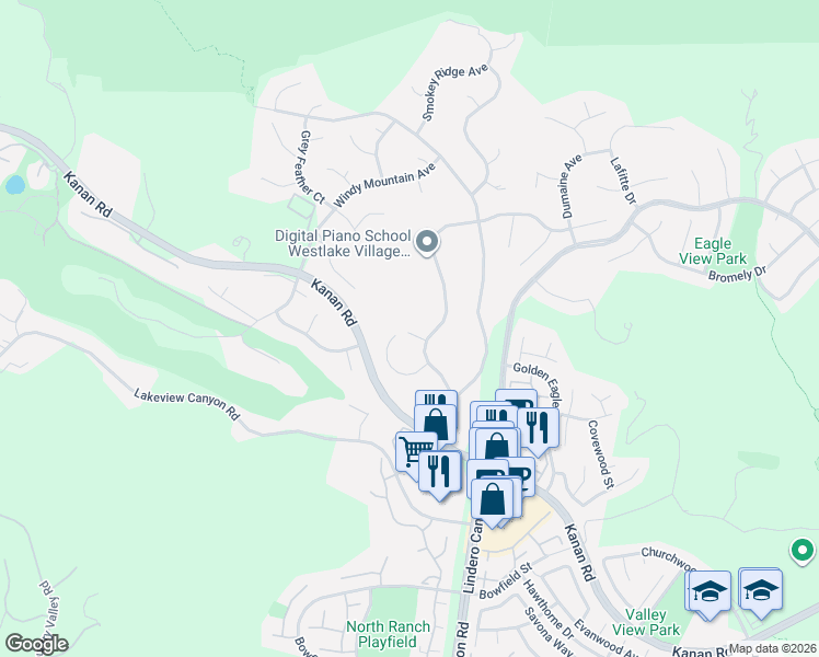 map of restaurants, bars, coffee shops, grocery stores, and more near 5672 White Cloud Circle in Westlake Village
