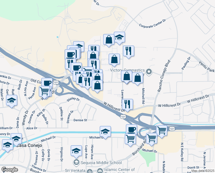 map of restaurants, bars, coffee shops, grocery stores, and more near 2560 Teller Road in Thousand Oaks