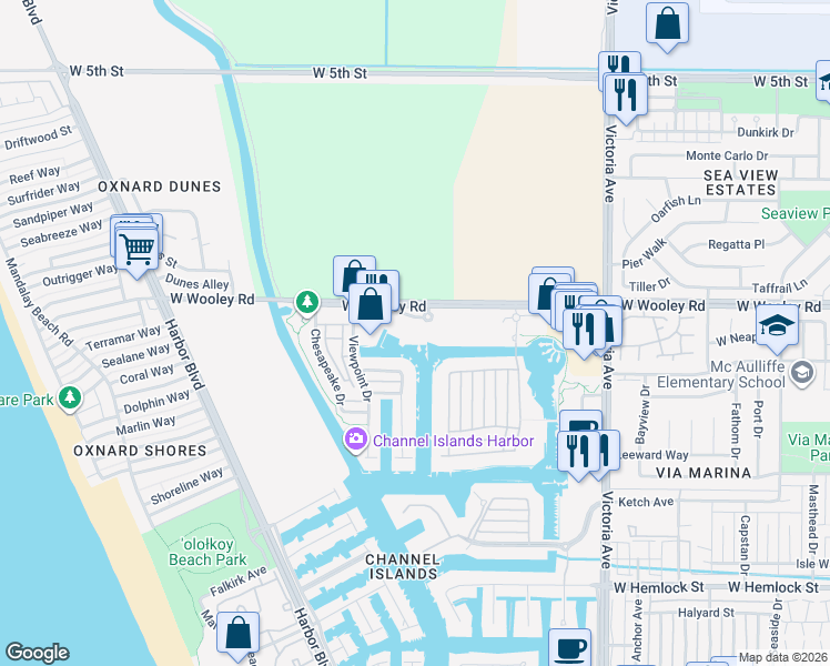 map of restaurants, bars, coffee shops, grocery stores, and more near 4300 Tradewinds Drive in Oxnard
