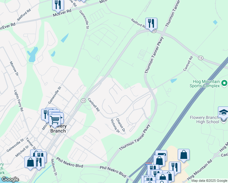 map of restaurants, bars, coffee shops, grocery stores, and more near 4810 Zephyr Cove Place in Flowery Branch