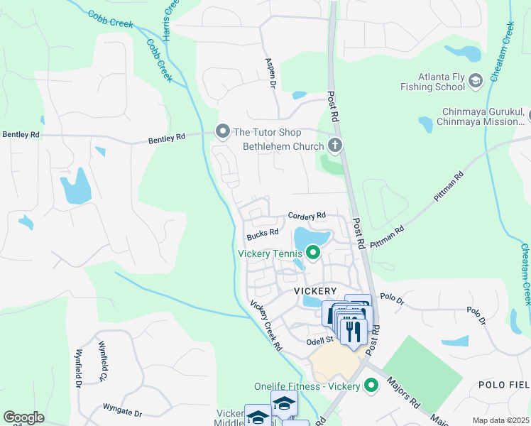 map of restaurants, bars, coffee shops, grocery stores, and more near 7160 Round Road in Cumming