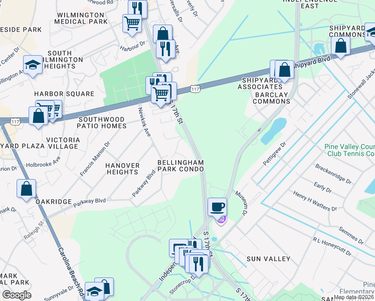map of restaurants, bars, coffee shops, grocery stores, and more near 2801 Bloomfield Lane in Wilmington