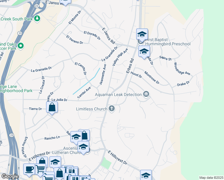 map of restaurants, bars, coffee shops, grocery stores, and more near 1786 Tubbs Street in Thousand Oaks