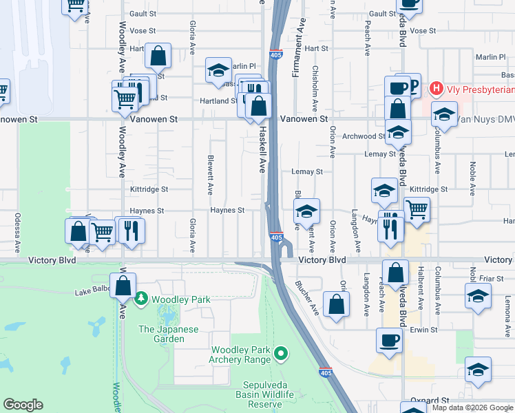 map of restaurants, bars, coffee shops, grocery stores, and more near 6509 Haskell Avenue in Los Angeles