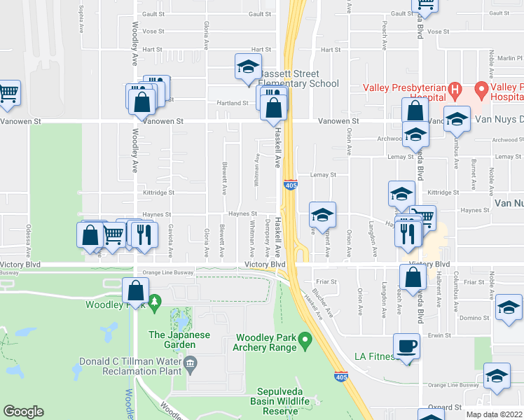 map of restaurants, bars, coffee shops, grocery stores, and more near 15727 Haynes Street in Los Angeles