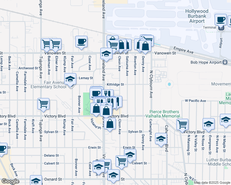 map of restaurants, bars, coffee shops, grocery stores, and more near 6530 Cleon Avenue in Los Angeles