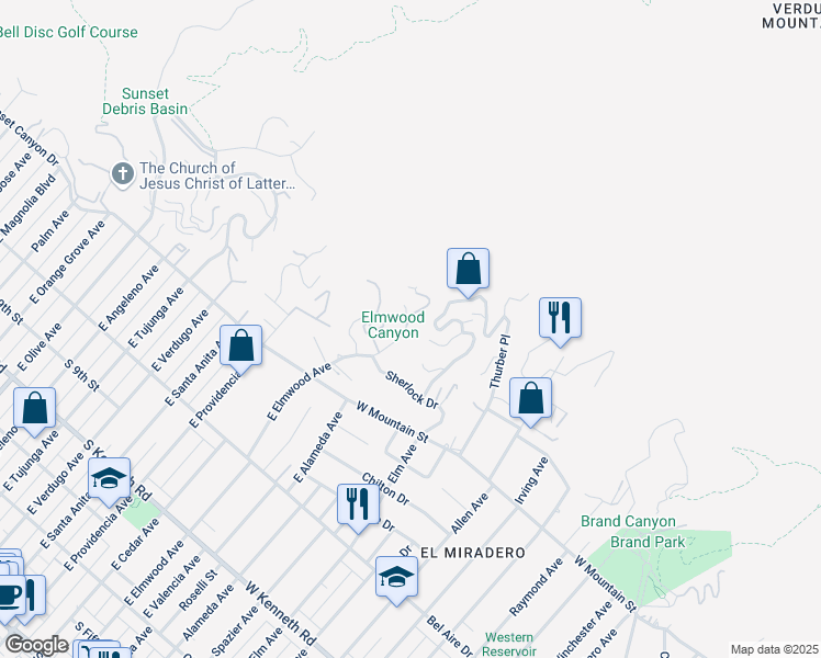 map of restaurants, bars, coffee shops, grocery stores, and more near 1248 East Elmwood Avenue in Burbank