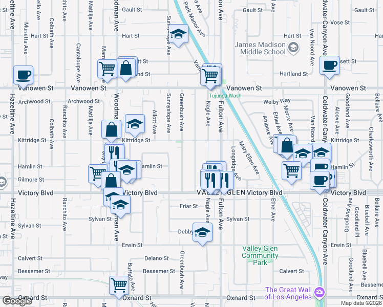 map of restaurants, bars, coffee shops, grocery stores, and more near 6535 Varna Avenue in Los Angeles