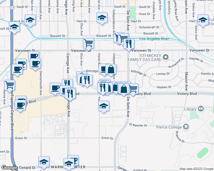 map of restaurants, bars, coffee shops, grocery stores, and more near 6601 Independence Avenue in Los Angeles